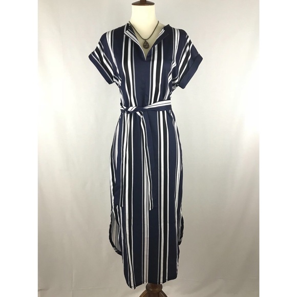 Navy & White Striped Short Sleeve O-Neck Midi - Picture 5 of 8